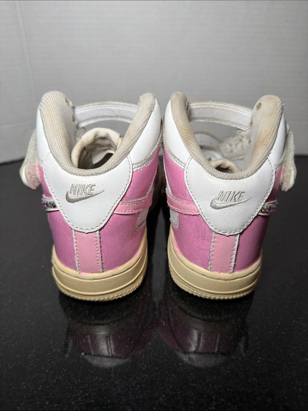Nike Air Force 1 Mid White Pink Girls Custom Rhinestone Swoosh Sneakers Size 3Y